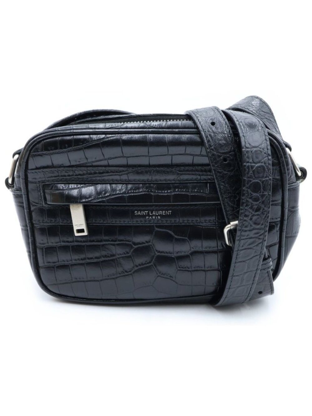 Saint Laurent Paris Camp Small Camera Shoulder Bag Leather Croco Embossed Black